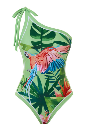 Maillot de bain à une épaule imprimé tropical vert